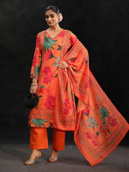 Libas - Orange Floral Printed Cotton Blend Straight Kurta With Pant & Dupatta