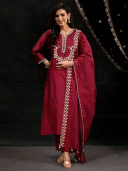 Libas - Maroon Red Yoke Embroidered Chanderi Silk Straight Kurta With Pant & Dupatta