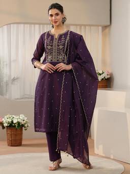 Libas - Royal Purple Floral Embellished Chanderi Silk Straight Kurta With Pant & Dupatta