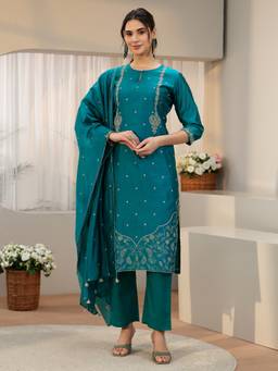Libas - Teal Green Embroidered Chanderi Silk Straight Kurta With Pant & Dupatta