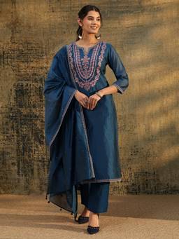 Libas - Blue Floral Embroidered Yoke Design Chanderi Silk Straight Kurta With Pant & Dupatta