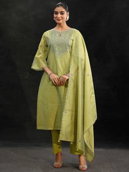 Libas - Pista Green Yoke Embroidered Chanderi Silk Straight Kurta With Pant & Dupatta