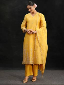 Libas - Sunshine Yellow Embroidered Chanderi Silk Straight Kurta With Pant & Dupatta