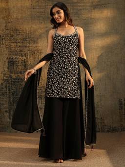 Libas Art - Black Strappy Floral Embroidered Georgette Kurti With Palazzo & Dupatta