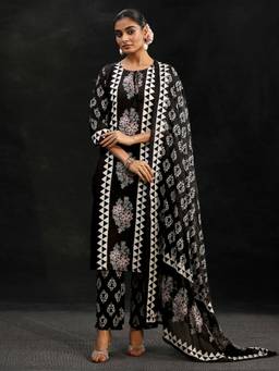 Libas - Black Block Print Cotton Straight Kurta With Pant & Dupatta