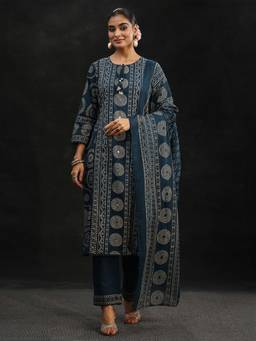 Libas - Indigo Blue Bandhani Cotton Straight Kurta With Pant & Dupatta