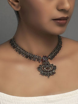 Divas Mantra - 92.5 Silver Oxidised NILA Elle Necklace with Red Spinel Stones