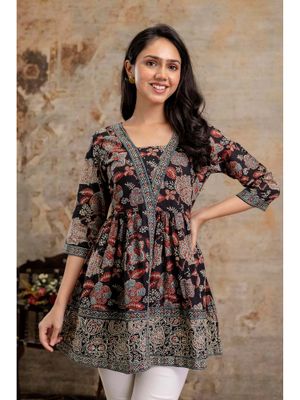Women Black Floral Frill Peplum Top