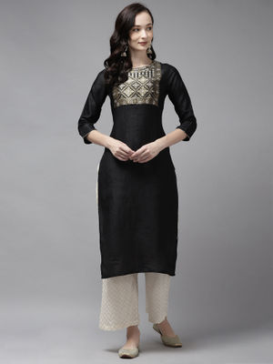 Indo Era Black Printed Straight Kurta