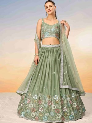 Lime Green colour Chinnon Sequinse embroidery Semi-Stitched Lehenga choli and Dupatta