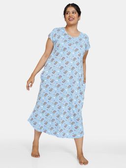 Zivame - Tru Curv Summer Treat Knit Cotton Mid Length Nightdress - Blue Bell
