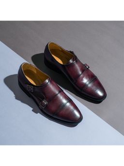 Saint G - Two Color Toned Red Leather Double Buckled Monk Strap Shoes