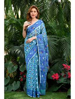 Beatitude - Blue Jacquard Jamdani Cotton Silk Saree with Unstitched Blouse