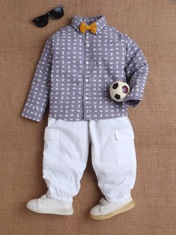 Mee Mee - Light Grey Cotton Bear Printed Collar Shirt and Joggers