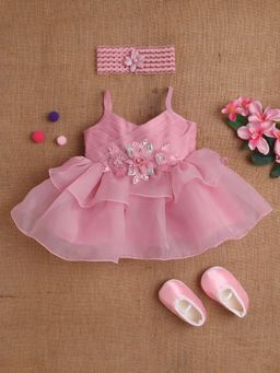 Mee Mee - Girls Solid Pink Net Cotton Lining Fit And Flare Frock