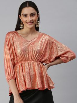 SHOWOFF - Women V-Neck Balloon Sleeves Embellished Copper Top