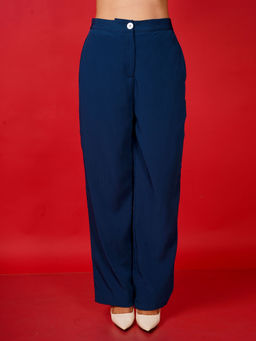 Zink London - Womens Blue Solid Basic Straight Trousers