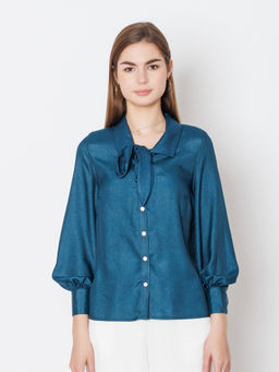 Zink London - Womens Blue Solid Basic Tie Up Shirt