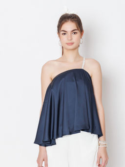 Zink London - Womens Navy Blue Solid One Shoulder Top