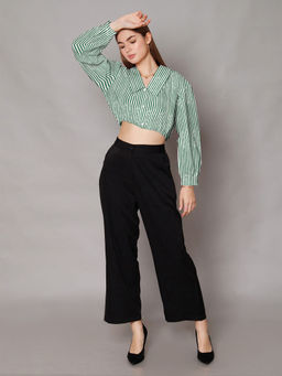 Zink London - Womens Green Stripes Relaxed Fit Crop Shirt