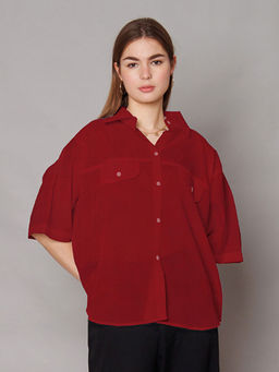 Zink London - Womens Red Textured Relaxed Fit Shirt