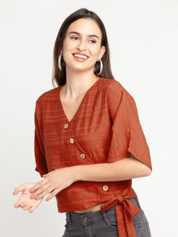 Zink London - Womens Rust Solid Short Sleeves Tie-Up Top