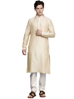 Manyavar - Beige Silk Blend Festive Jacquard Kurta Churidar (Set of 2)