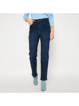 Madame - Cotton Blend Stone Wash Straight Fit Dark Blue Denim Jeans for Women