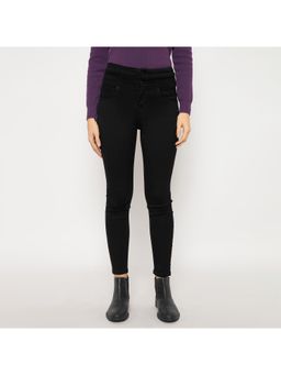 Madame - Cotton Blend Double High Rise Solid Button Black Denim Jeans for Women