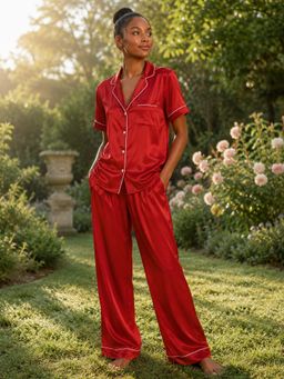 Noite Luxe - Red Rubis Satin Shirt with Pajama