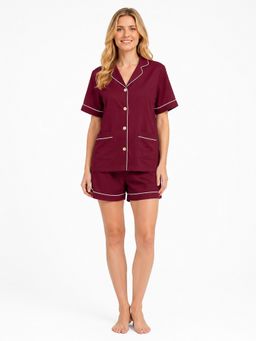 Noite Luxe - Maroon Claret Satin Shirt with Shorts