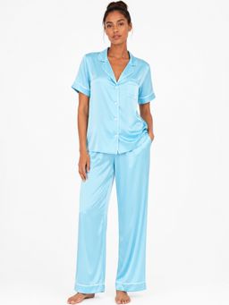 Noite Luxe - Aqua Ciel Satin Shirt with Pajama