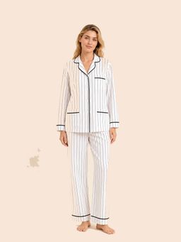 Noite Luxe - White Midnight Pinstripe Cotton Shirt with Pajama