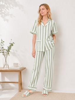 Noite Luxe - Green Matcha Stripe Cotton Shirt with Pajama