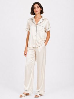 Noite Luxe - Off White Nacre Satin Shirt with Pajama