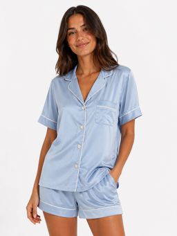 Noite Luxe - Blue Zephyr Satin Shirt with Shorts