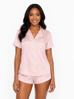 Noite Luxe - Pink Petal Satin Shirt with Shorts
