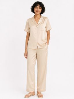 Noite Luxe - Beige Aurore Satin Shirt with Pajama
