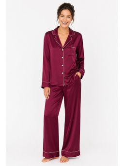 Noite Luxe - Wine Claret Satin Full Shirt and Pajama