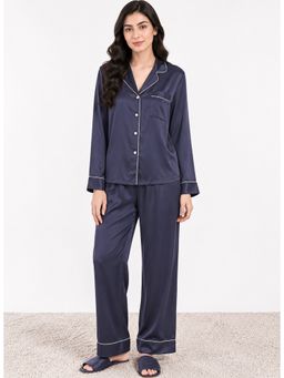 Noite Luxe - Navy Blue Nocturne Satin Full Shirt and Pajama