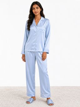 Noite Luxe - Blue Zephyr Satin Full Shirt and Pajama