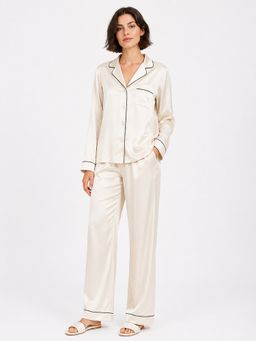 Noite Luxe - Off White Nacre Satin Full Shirt and Pajama