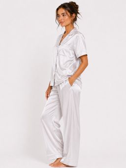 Noite Luxe - White Argent Satin Shirt with Pajama