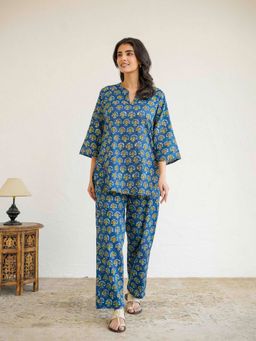 GOODHAND - Blue Cotton Printed Lounge Wear Kurti with Pajama