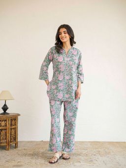 GOODHAND - Green Cotton Printed Lounge Wear Kurti with Pajama