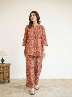 GOODHAND - Red Cotton Printed Lounge Wear Kurti with Pajama