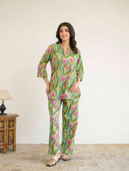 GOODHAND - Green Cotton Printed Lounge Wear Kurti with Pajama