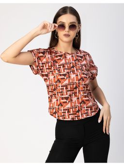 Moomaya - Women Brown Round Neck Short Sleeve Printed Loose Fit Top