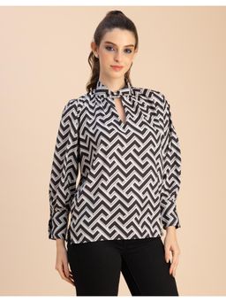 Moomaya - Black Chic Stripe Folded Band Neck Long Sleeves Regular Fit Top