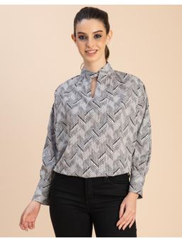 Moomaya - White Chic Stripe Folded Band Neck Long Sleeves Regular Fit Top